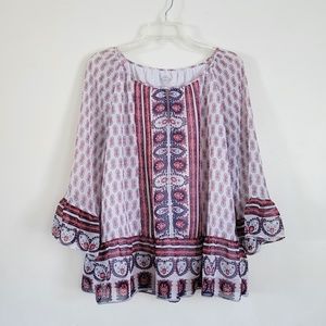 St. John's Bay Flowy Boho Print Blouse Long Sleeves‎ White Multi // Large